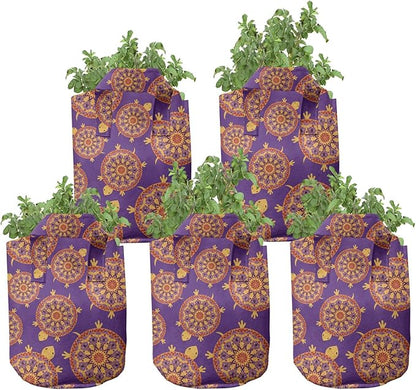 Lunarable Mandala Turtle Grow Bags 5-Pack, Shell Moroccan Style, Heavyduty Fabric Pots with Handles for Plants, Purple Red