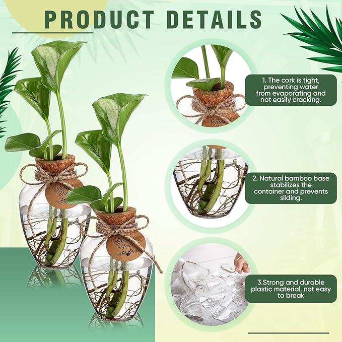 Baderke 12 Pack Big 10oz Plastic Plant Propagation Stations with Hole Lid Planter Vase Clear Propagation Jars with Thank You Tags for Plant Lover Gifts for Women Office Home Garden