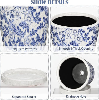 Ceramic Pot for Plants 5.5 inch Blue and White Pot for Plants Small Chinoiserie Planter Pots with Drainage Hole and Saucers Outdoor Inoor Blue Flower Pots for Succulent, Cactus, Snake Plant, Herb