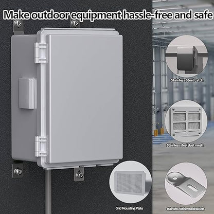 ABS Electrical Junction Box, Ventilated Design, Cable Grommets, IP65 Waterproof Enclosure, Indoor/Outdoor Use with Mounting Panel. (Grey Cover, 11"x7.4"x5.5")