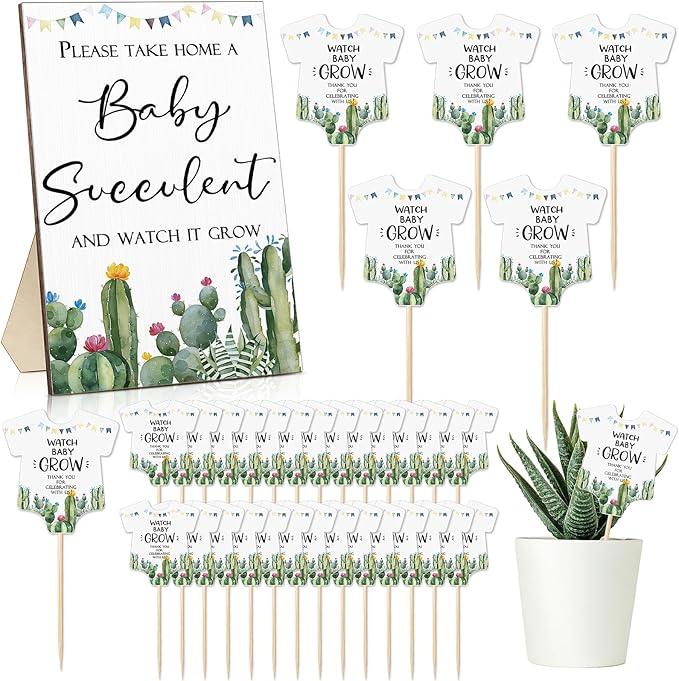 Newcotte Baby Shower Party Favors Succulent Tags Include 1 Piece Wooden Table Sign 50 Sets Succulent Plant Marker Succulent Favors Baby Shower Decoration(Cactus)