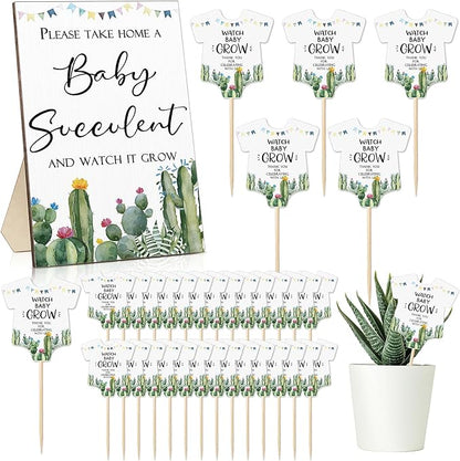 Newcotte Baby Shower Party Favors Succulent Tags Include 1 Piece Wooden Table Sign 50 Sets Succulent Plant Marker Succulent Favors Baby Shower Decoration(Cactus)