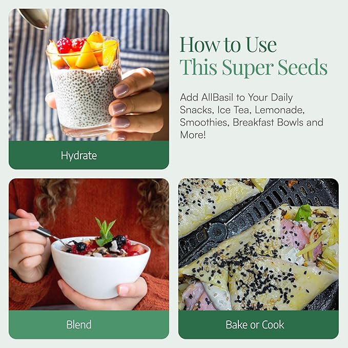 Edible All Basil Seeds 14oz | USDA Organic, Non-GMO, Kosher | High Fiber Superfood | Gluten Free, Vegan, Keto, Paleo | Prebiotic | Support Weigth Loss | Ideal for Smoothies, Green juices & Desserts.