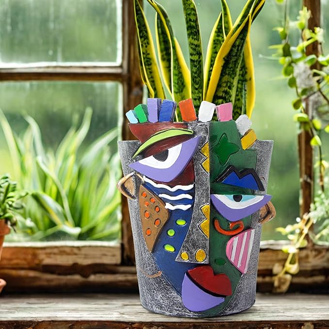 Mrlikale Abstract Face Planter Pots, Unique Head Planter with Drainage Hole for Indoor Plants and Succulents, 6.5 Inch Hand-Painted Funny Face Flower Pot for Outdoor and Home Art Decor