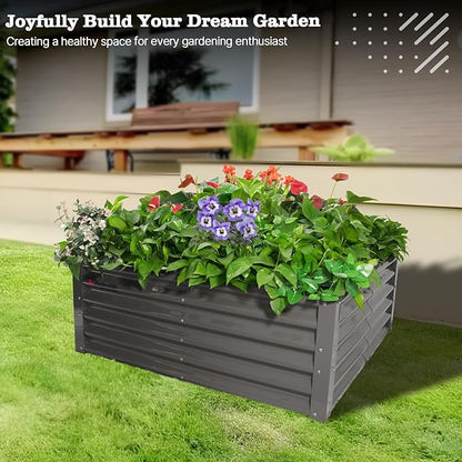 A ANLEOLIFE 4X4X1.5 ft Galvanized Raised Garden Beds Outdoor, Square Metal Planter Box for Planting Vegetables Flowers Herb, Anti-Rust & Easy-Setup, Quartz Grey