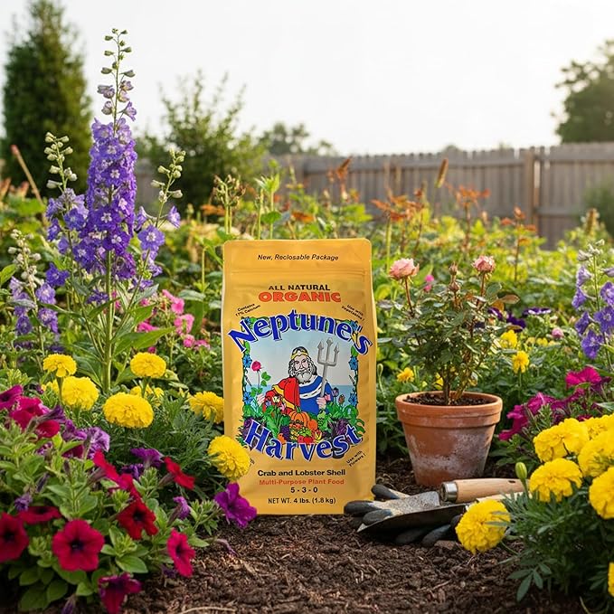 Neptune’s Harvest Organic Crab & Lobster Shell Multi-Purpose Plant Food (5-3-0) - 4 LB Resealable Bag - Rich in Nutrients Soil Fertilizer - Plant Food for Lawns, Gardens, and Vegetables