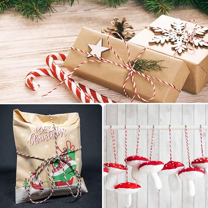 2 x Christmas Cotton Twine, 2 mm 100 m Green and Red and White Cotton Twine for Christmas Gift Packaging, Baking, Cooking, DIY and Decoration