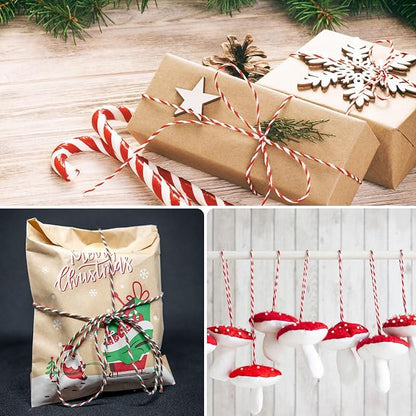 2 x Christmas Cotton Twine, 2 mm 100 m Green and Red and White Cotton Twine for Christmas Gift Packaging, Baking, Cooking, DIY and Decoration