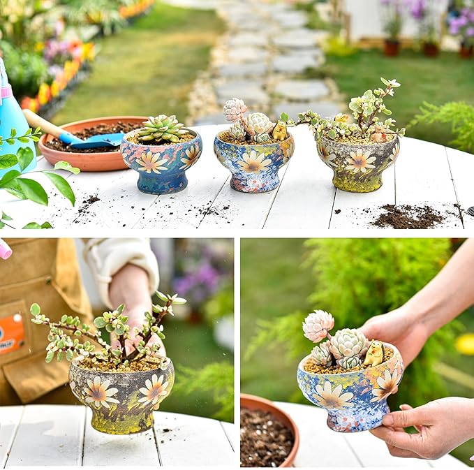 Sungmor Small Succulent Planters Set of 3, Beautiful Hand Crafted Ceramic Plant Pots Cute Cactus Pot, 4.9 Inch Flower Pots for Indoor Plants with Drainage, Desktop Windowsill Home Office Decor Pots