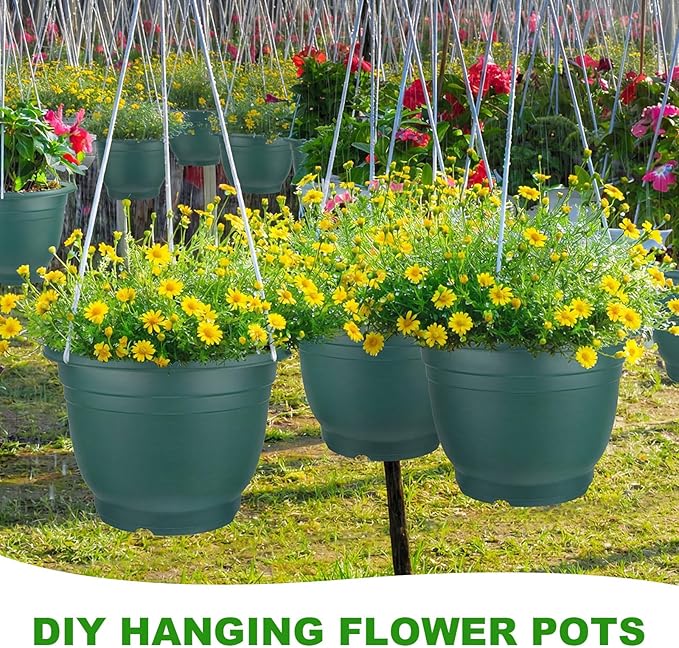 12 Pcs 12'' Plastic Plant Pots Round Planter Pots with Saucer Tray Seedling Pot Hole Seed Resin Plant Pot Starting Nursery Flower Container with Pallet for Garden Outdoor Indoor (Green)