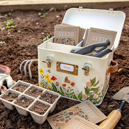 1Canoe2 Wildflower Botanicals Tin Seed Organizer Storage Box, Garden Seed Packet Vault Container, Gardening Supplies, Greenhouse Accessories, Gardening Gifts for Women