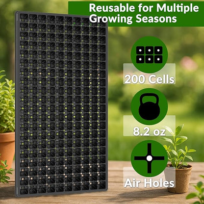 Gardzen 10 Pack 200 Cell Seed Starter Trays, 1.5" Deep Plug Tray for Seedlings, Durable Seedling Trays with Drainage Holes, Fit Standard 1020 Drip Tray