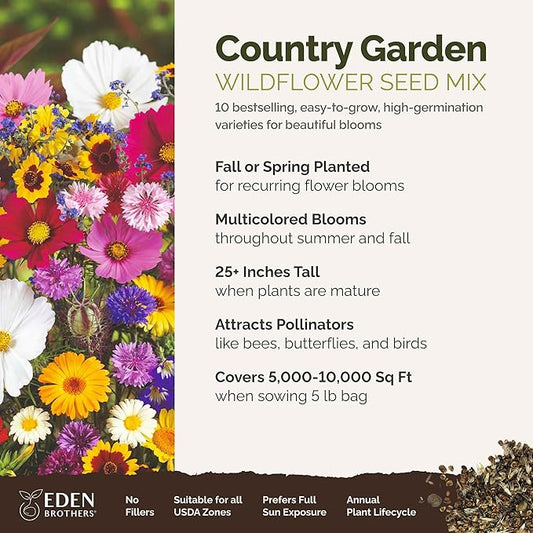 Eden Brothers Country Garden Flower Mixed Seeds for Planting, 5 lb, 2,400,000+ Seeds with Scarlet Flax, Cosmos Sensation | Attracts Pollinators, Plant in Spring or Fall, Zones 3, 4, 5, 6, 7, 8, 9, 10