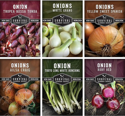 Onion Seeds for Planting – 6 Variety Pack Collection | Ruby Red, Tropea Rossa, Tokyo Long White, Sweet Spanish, White Grano, Ailsa Craig – Heirloom Non-GMO Onions – Survival Garden Seeds