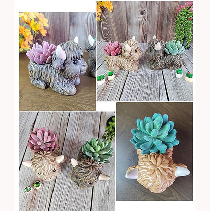 Resin Highland Cow Figurines Succulent Planters Cactus Pot Animal Flower Container Cute Scottish Highland Cow Decor Flower Pot Plants Holder Figurine Decor Calf Statues Gift for Cow Lovers (D, 1PCS)