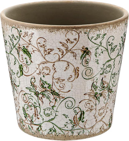 Farmhouse Ceramic Planter 5.5 Inch Large Plants Pot Ice Crack Beige Green Floral Vines Plant Pots with Drainage Hole Indoor Plants Kitchen Rustic Antique Decor Gift