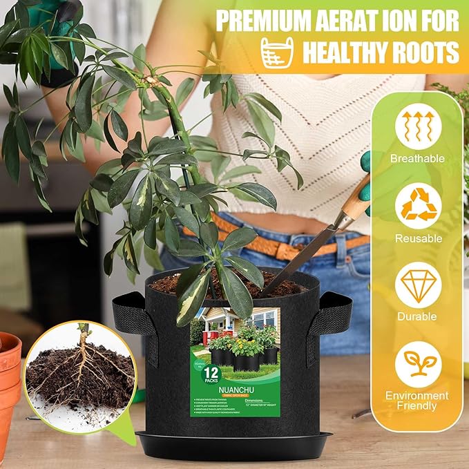 12 Sets 5 Gallon Grow Bags with Plant Saucers, Durable Fabric Plant Pots with Handles, Aeration Drainage Planter Bags for Planter, Reusable Garden Bags Drip Trays Set for Indoor Outdoor