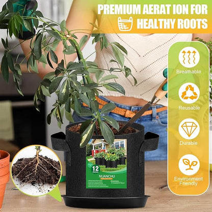 12 Sets 5 Gallon Grow Bags with Plant Saucers, Durable Fabric Plant Pots with Handles, Aeration Drainage Planter Bags for Planter, Reusable Garden Bags Drip Trays Set for Indoor Outdoor