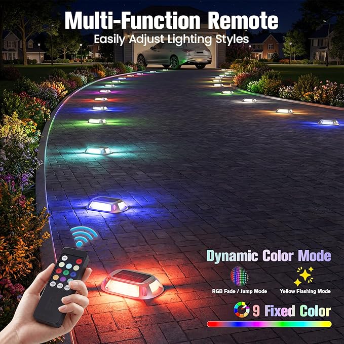 VOLISUN Solar Driveway Lights with Remote 8 Pack, 9 Colors in 1 Led IP67 Waterproof Outdoor Warning Dock Deck Lights for Driveway Sidewalk Pathway Step RGB (9colors, 8pack)