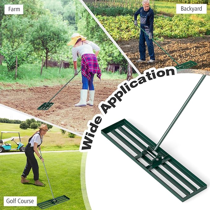 42" x 10" Lawn Leveling Rake, Heavy Duty Landscape Rake with 67" Handle, Non-Slip Grip & Flat Head, Space-Saving Lawn Level Tool for Garden, Backyard, Golf Course & Sports Field(Green)