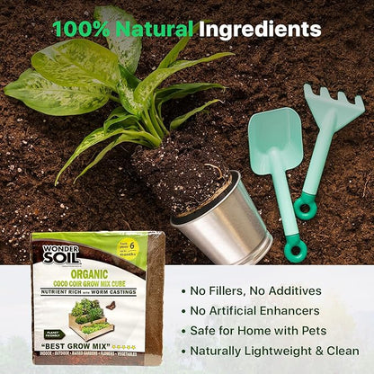 WONDER SOIL | (72 Quarts) The Only Ready to Plant Compressed Coco Coir Fully Loaded with Nutrients | Organic Coco Coir Brick/Block | 10 LBS Block Expands to 72 Quarts | Incl Worm Castings & Nutrients