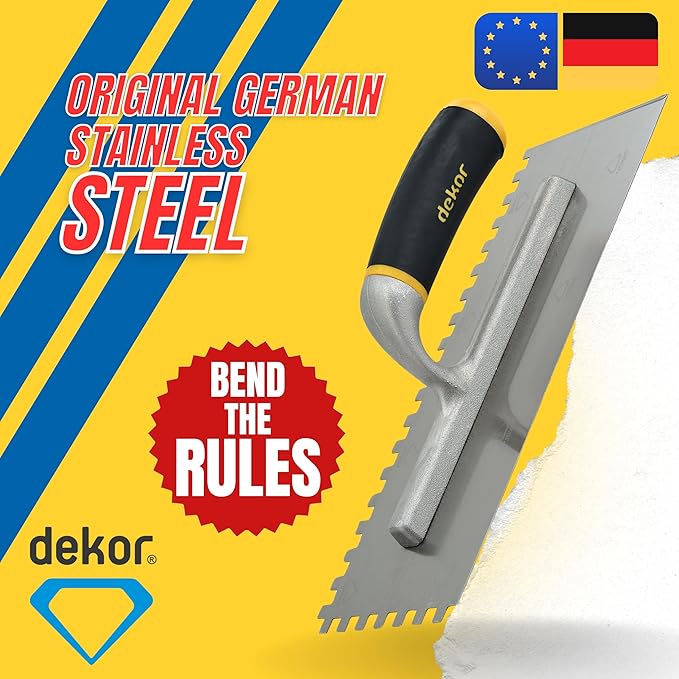 DEKOR Notched Trowel - 18" x 4.75" - Square Notch 5/16" - German Stainless Steel - Tile Tools, Concrete and Drywall Trowel, Made in Europe for DIY & PRofessional Use (Aluminum Handle)