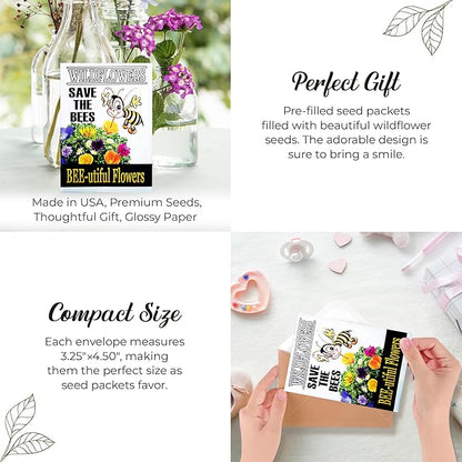 Pack of 20 Pre-Filled Flower Seed Packets for Pollinators Wedding Party Favors Bridal Shower School Events Thank You Events Memorials Earth Day- Save The Bees Assorted Bee Friendly Flower Seeds