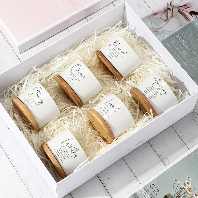 Sieral 6pcs Bible Verse Succulent Pots 3 x 3 x 2 Inch Mini Ceramic Succulent Planters with Bamboo Tray Small Plant Pots Christian Gift for Church Women Men Pastor, Plants Not Included (Bright)