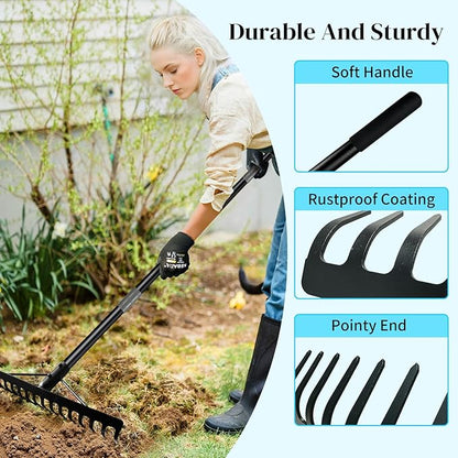Heavy Duty Bow Rake Garden Rake with Stainless Steel Handle with 16 Steel Tines Garden Tool for Loosening Soil Gathering Leaf Leveling Lawn Farming Land Management Yarn Thatch Rakes
