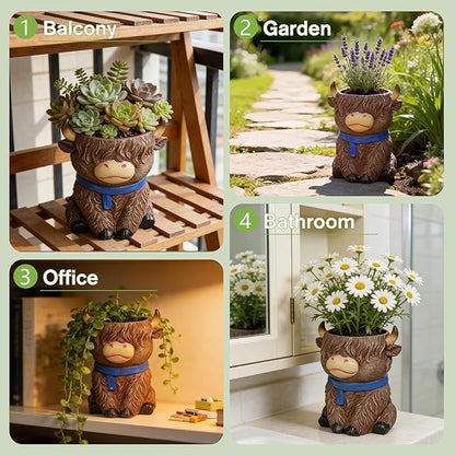 Cute Highland Cow Planter Pot - Shaggy Resin Succulent Pot with Drainage, Aesthetic Scottish Cow Flower Pot for Boho Home Decor, Desk, Patio | Unique Cow Gifts for Women, Mom, Plant Lovers (Brown)