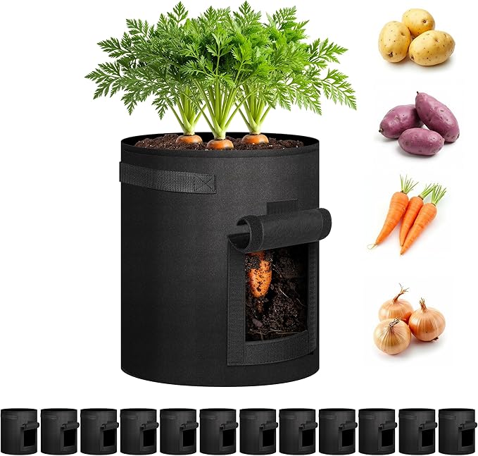 iPower 12 Pack 10 Gallon Vegetable/Flower/Plant Grow Bags with Handles, Access Flap and Visual Window, Aeration Nonwoven Fabric Gardening Planter Plant Pots for Potato, Tomato and Fruits, Black
