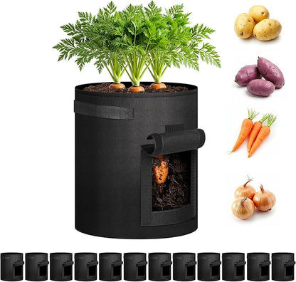 iPower 12 Pack 10 Gallon Vegetable/Flower/Plant Grow Bags with Handles, Access Flap and Visual Window, Aeration Nonwoven Fabric Gardening Planter Plant Pots for Potato, Tomato and Fruits, Black
