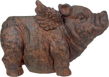 Zeckos Whimsical Flying Pig Planter with Drain Hole – 17 Inch Brown Magnesium Oxide Animal Planter for Succulents, Flowers, Indoor Outdoor Rustic Farmhouse Decor – Weather-Resistant Pig Garden Pot