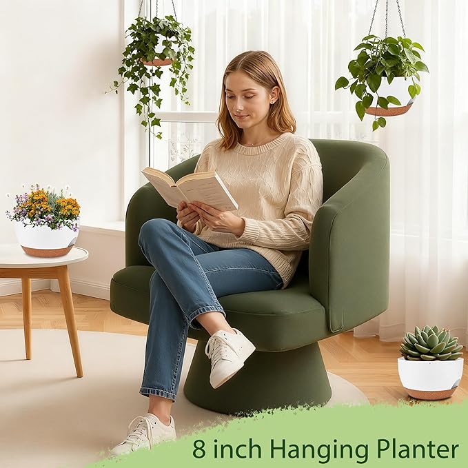 Set of 2-8 Inch Self Watering Hanging Planters for Indoor Outdoor，Hanging Plant Pots with Drainage & Removable Tray, Hanging Pots Holder for Ivy, Pothos, Ferns, Balcony & Patio, White Brown