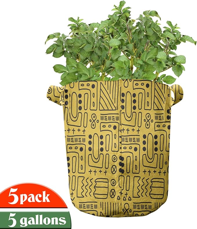 Lunarable Aztec Grow Bags 5-Pack, Geometric Shapes Cultural, Heavyduty Fabric Pots with Handles for Plants, Yellow Black