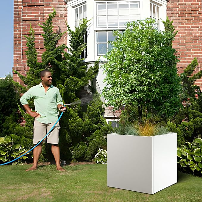 White Steel Planter Square Outdoor Planters Galvanized Steel Planter Box 26 Inch Indoor Metal Large Planters Cube Heavy Duty Flower Pot Modern Commercial Residential for Trees Patio Yard Garden