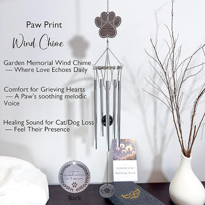 Paw Print Pet Memorial Wind Chime - Sympathy Gifts for Loss of a Dog or Cat, Bereavement Windchimes Outdoor in Memory of Beloved Pet,Pet Memorial Gifts with Keepsake Card