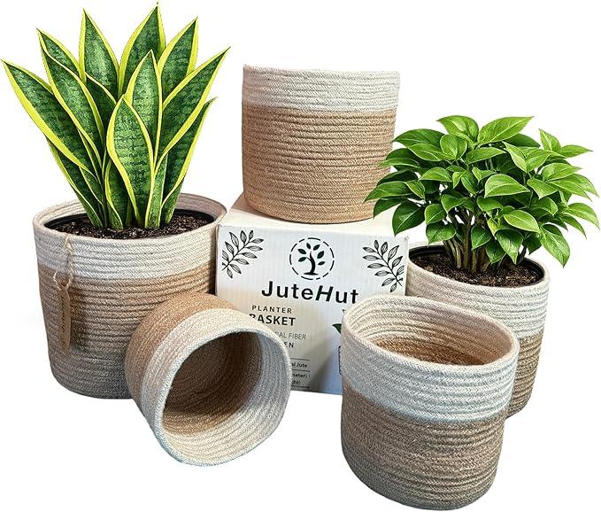 Planter Basket Set – 5-Piece Handwoven Jute Planter Basket for Home Decor, Nursery, or Indoor Plants (5'' to 8'' Diameter, 4.75'' to 7.75'' Height) – Fold & Wrinkle Free - Natural Jute with White Band