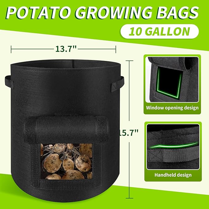 2 Pack 10 Gallon Grow Bags for Growing Potatoes,Plant Grow Bags for Vegetables,Potato Grow Bags with Flap(Black)