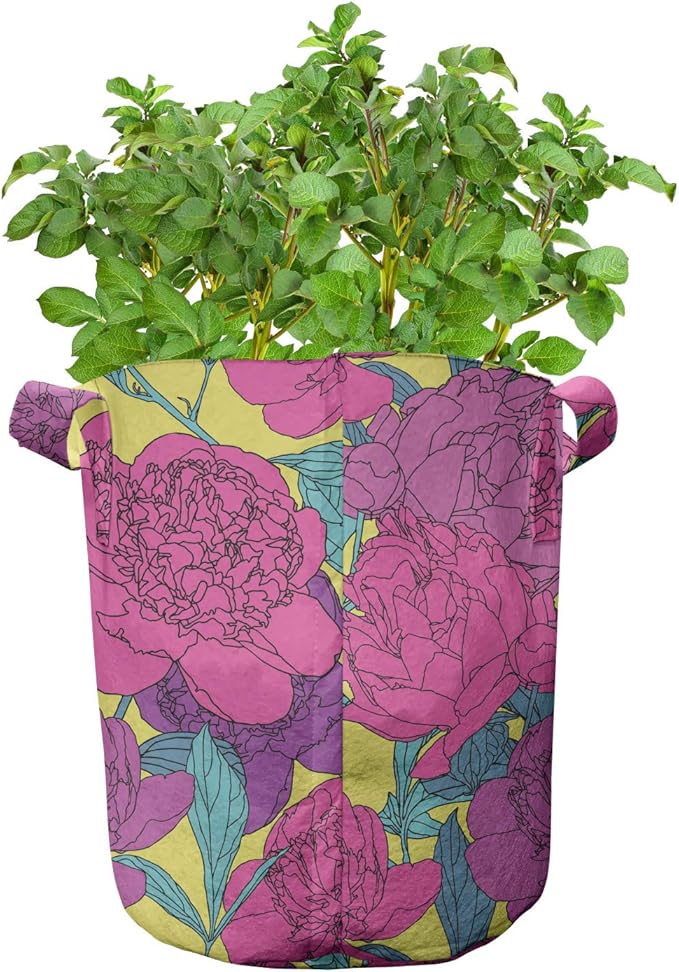 Lunarable Colorful Grow Bags 5-Pack, Peony Carnation Blossoms, Heavyduty Fabric Pots with Handles for Plants, Yellow Magenta