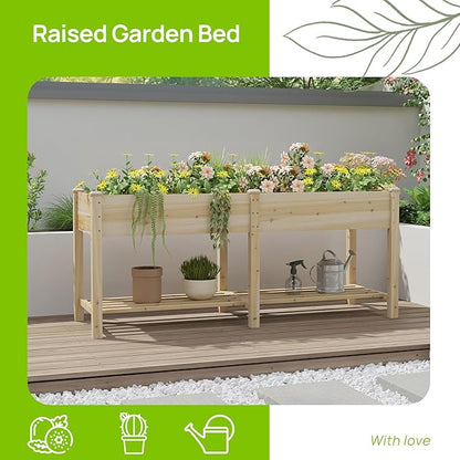 Raised Garden Bed, Planter Box with Storage Shelf, Elevated Wooden Box with Legs, Garden Planter for Backyard, Patio, Balcony, Natural Wood, 72x24x30.7inch (Natural, L)