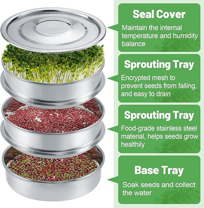 Aulock Stainless Steel Seed Sprouting Kit - 3-Tier Microgreens Growing Tray 7.9 in Dia, Stackable Round Sprouter Maker with Encrypted Mesh, Sprouts Grower for Beans Broccoli Alfalfa Seeds Wheat Grass