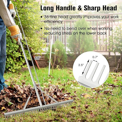 Goplus Landscape Rake 36 Inch, Aluminum Rake Head w/36 Tines and 68" Long Non-Slip Handle, Yard Rake Tool for Loosening & Leveling Soil, Beach Garden Lawn Care, Collecting Leaves