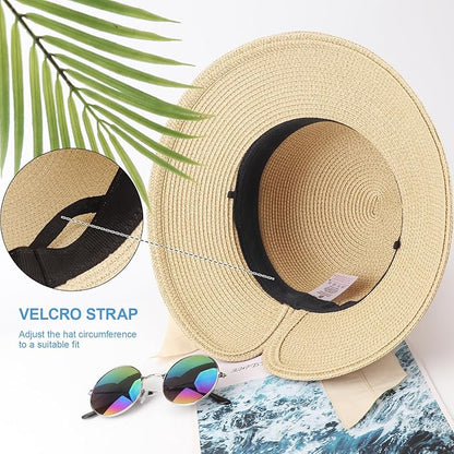 DRESHOW Sun Hats for Women Travel Fedora Foldable Beach Sun Hat Summer Wide Brim Straw Bucket Hat with Bowknot UPF 50+
