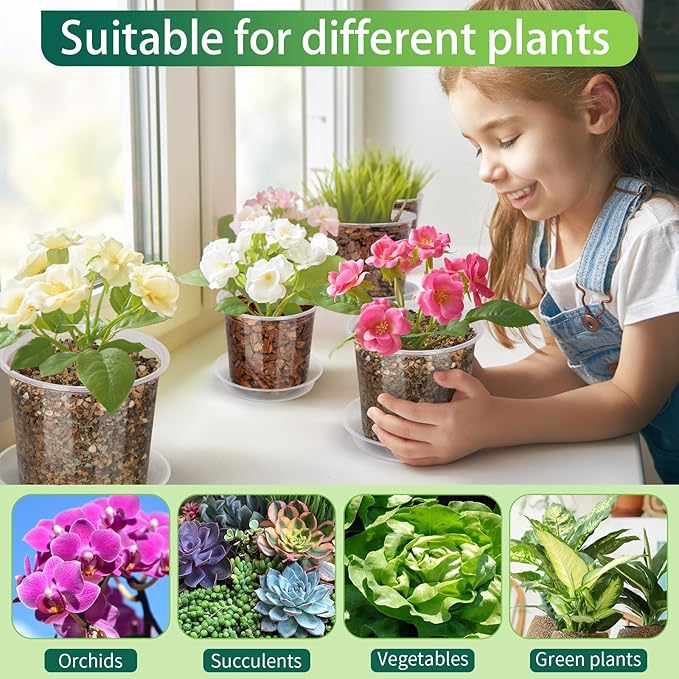 24 Pack 7/6/5 Inch Clear Nursery Pots with Drainage and Saucers, Clear Plastic Plant Pots for Plants, Seed Starting Pots