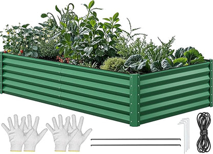 YITAHOME 96x48x18 in Galvanized Raised Garden Bed Kit, Large Metal Planter Box with Gloves, Safety Rubber & Support Rod, Outdoor Flower Bed for Plants Vegetables, Green