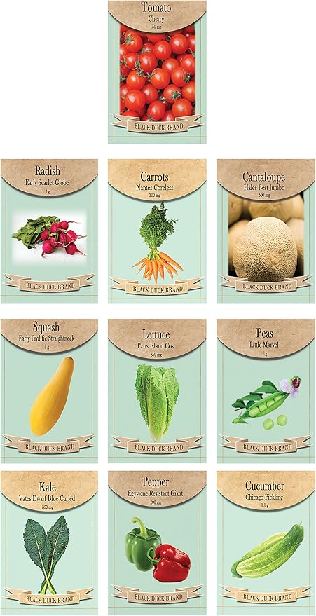 Set of 10 Assorted Vegetable & Herb Seed Packets - Create a Deluxe Garden Heirloom Seeds - 100% Non-GMO (10)