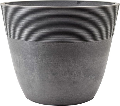 PSW Pot Collection 16-inch Plastic/Stone/Wood Composite Large Ribbed Planter – No Drainage Hole (Drillable), Indoor/Outer Garden Pot for Foliage, Trees, Flowers, Ferns, Cement Gray