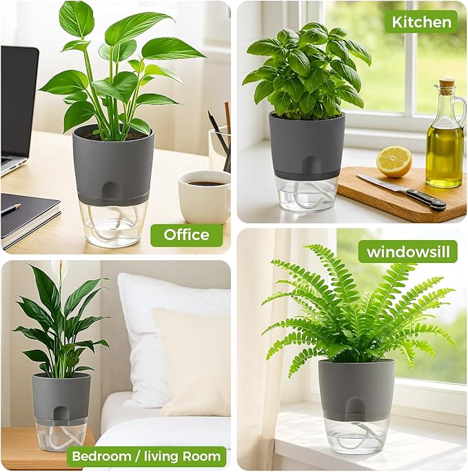 Planterhoma 8 Pack Self Watering Pots for Indoor Plants, 4 Inch Plant Pot Plastic Self Watering Planter for Orchid, African Violet, Small Clear Flower Pots with Drainage Holes and Wicking Rope, Grey