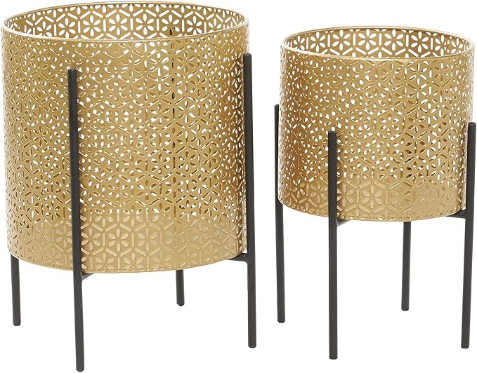 CosmoLiving by Cosmopolitan Metal Indoor Outdoor Planter Floral Cutout Small Planter Pot with Removable Stand, Set of 2 Planters 15", 14"H, Gold